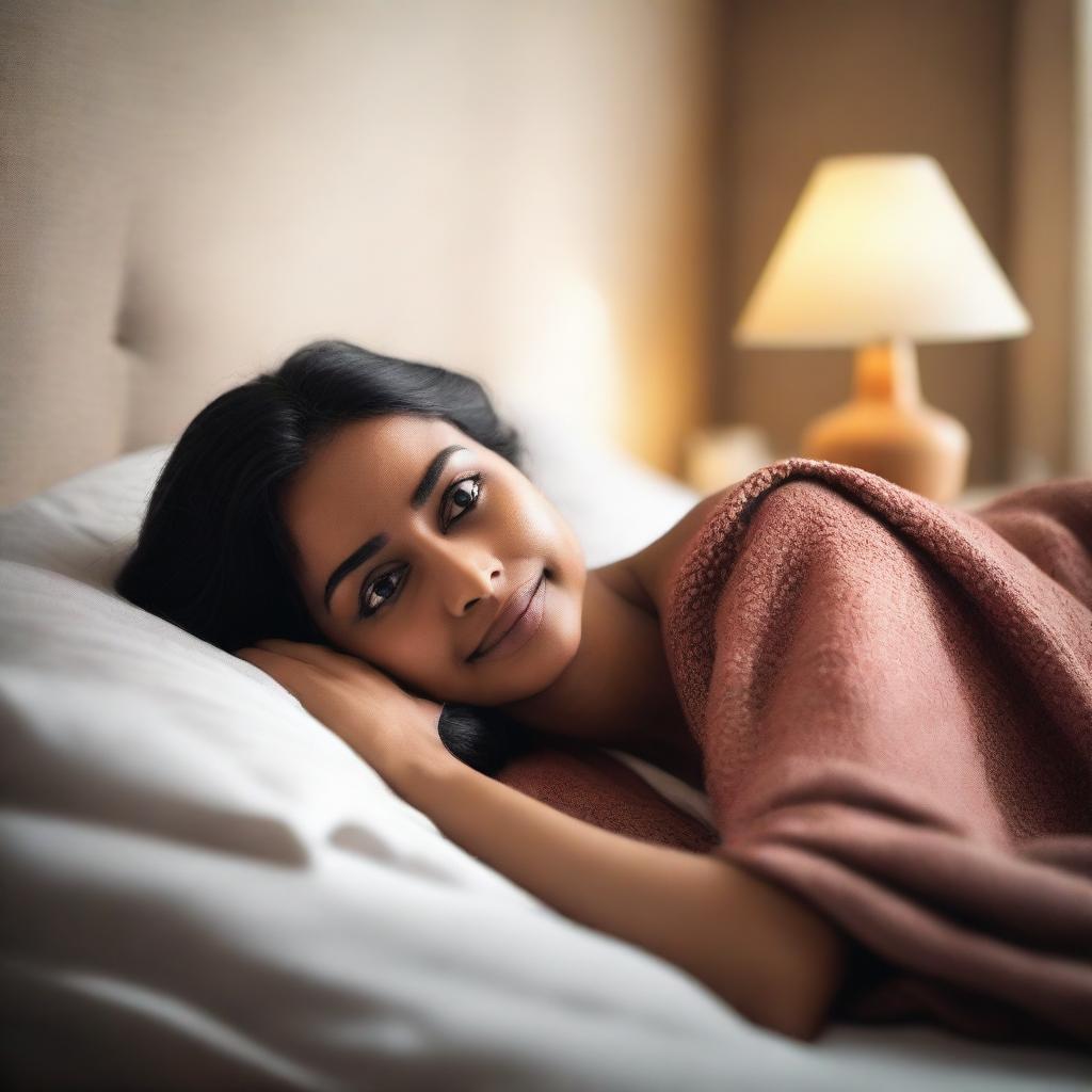 A scene featuring an attractive Indian woman lying in bed