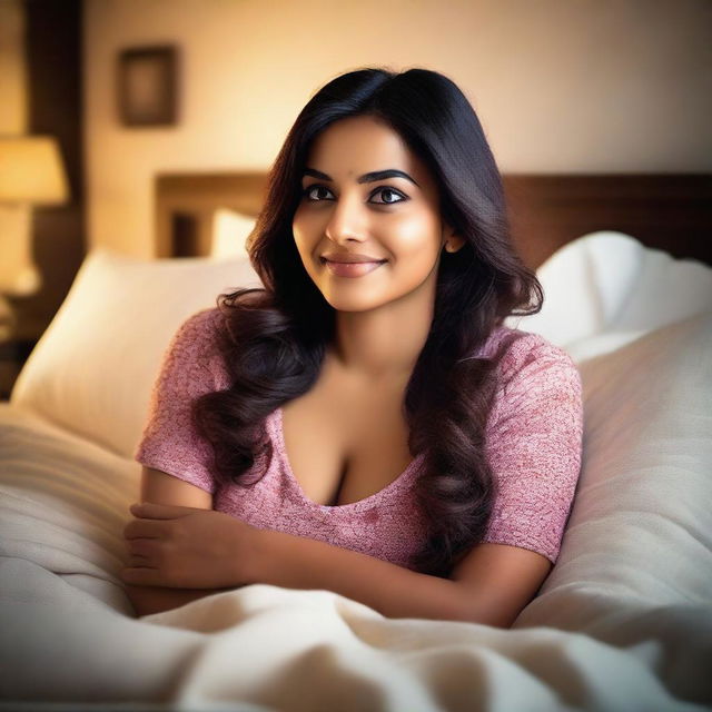 A scene featuring an attractive Indian woman lying in bed