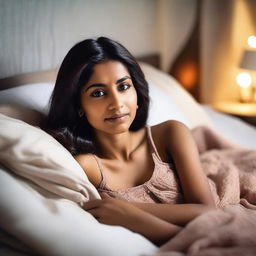 A scene featuring an attractive Indian woman lying in bed