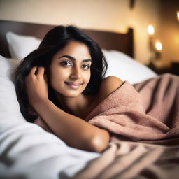 A scene featuring an attractive Indian woman lying in bed