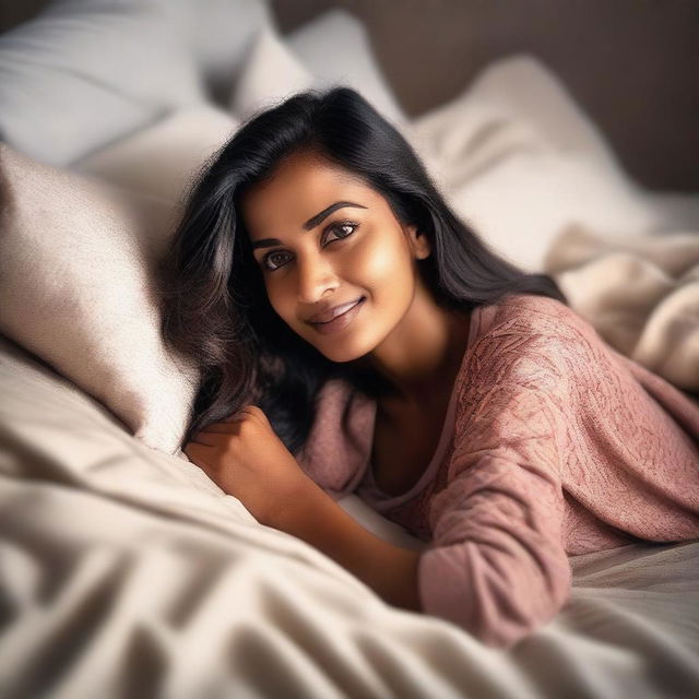 A scene featuring an attractive Indian woman lying in bed