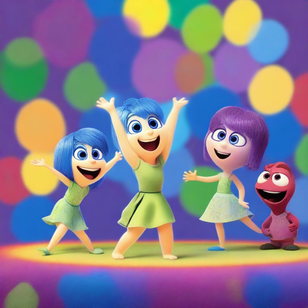 A vibrant and colorful scene inspired by the movie 'Inside Out', featuring the main characters Joy, Sadness, Anger, Fear, and Disgust in a playful and dynamic setting