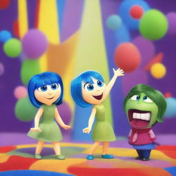 A vibrant and colorful scene inspired by the movie 'Inside Out', featuring the main characters Joy, Sadness, Anger, Fear, and Disgust in a playful and dynamic setting