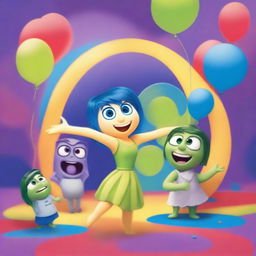 A vibrant and colorful scene inspired by the movie 'Inside Out', featuring the main characters Joy, Sadness, Anger, Fear, and Disgust in a playful and dynamic setting