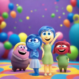 A vibrant and colorful scene inspired by the movie 'Inside Out', featuring the main characters Joy, Sadness, Anger, Fear, and Disgust in a playful and dynamic setting