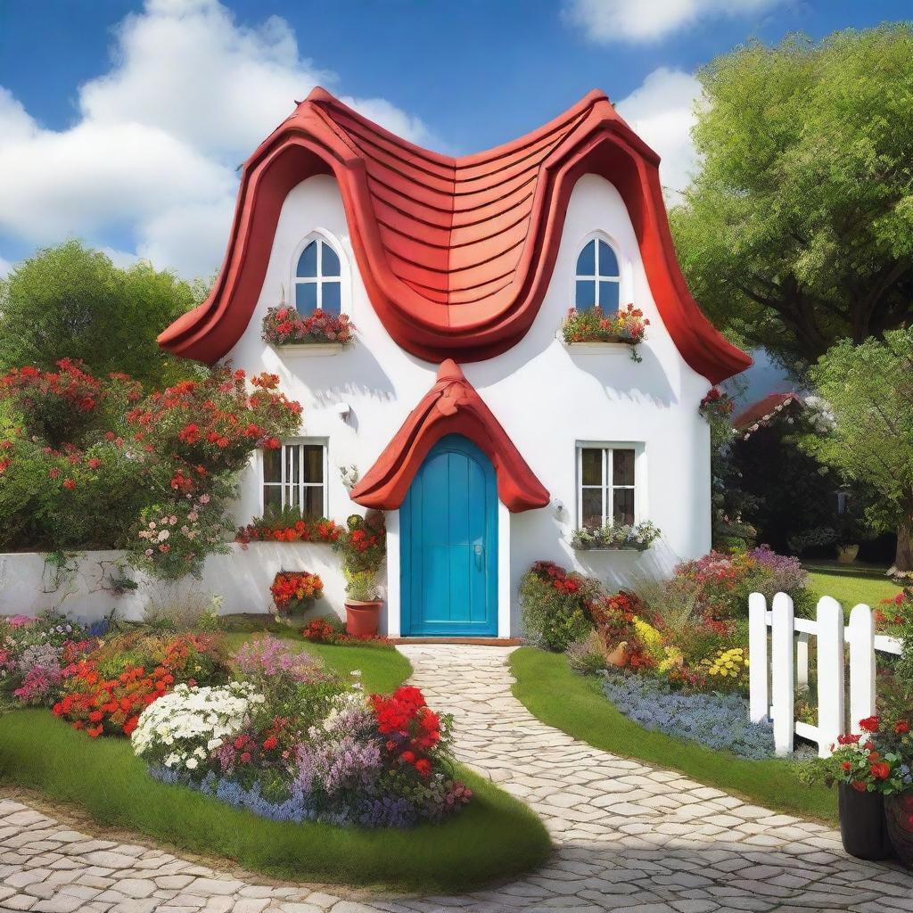 A charming, whimsical house shaped like a heart, with a red roof and white walls