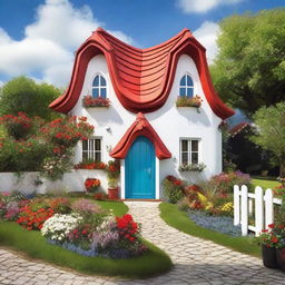 A charming, whimsical house shaped like a heart, with a red roof and white walls