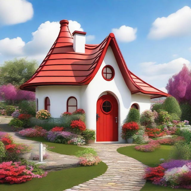 A charming, whimsical house shaped like a heart, with a red roof and white walls