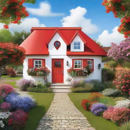 A charming, whimsical house shaped like a heart, with a red roof and white walls