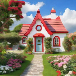 A charming, whimsical house shaped like a heart, with a red roof and white walls