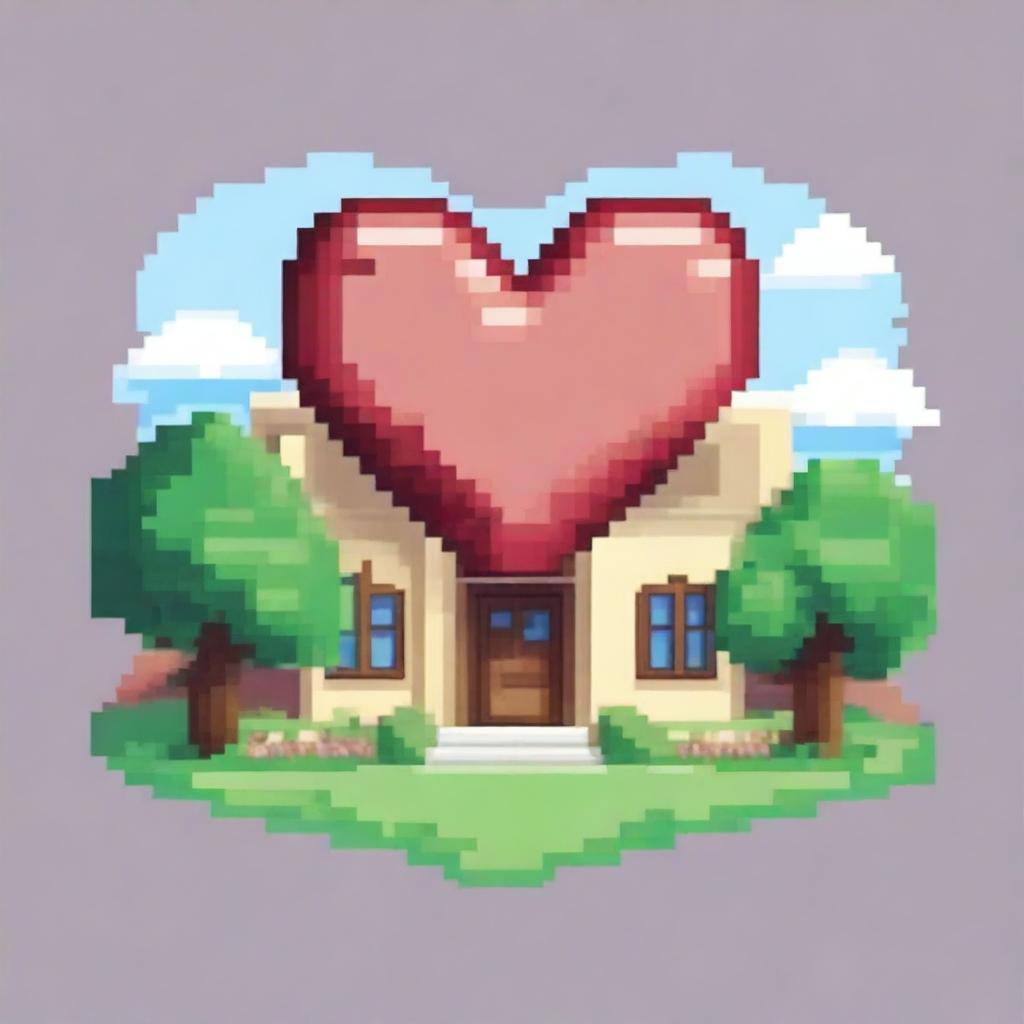 Create an image of a house shaped like a heart, rendered in pixel art style