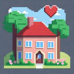 Create an image of a house shaped like a heart, rendered in pixel art style