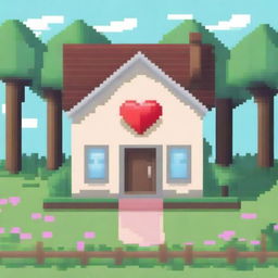 Create an image of a house shaped like a heart, rendered in pixel art style