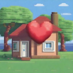 Create a pixel art image of a house shaped like a heart