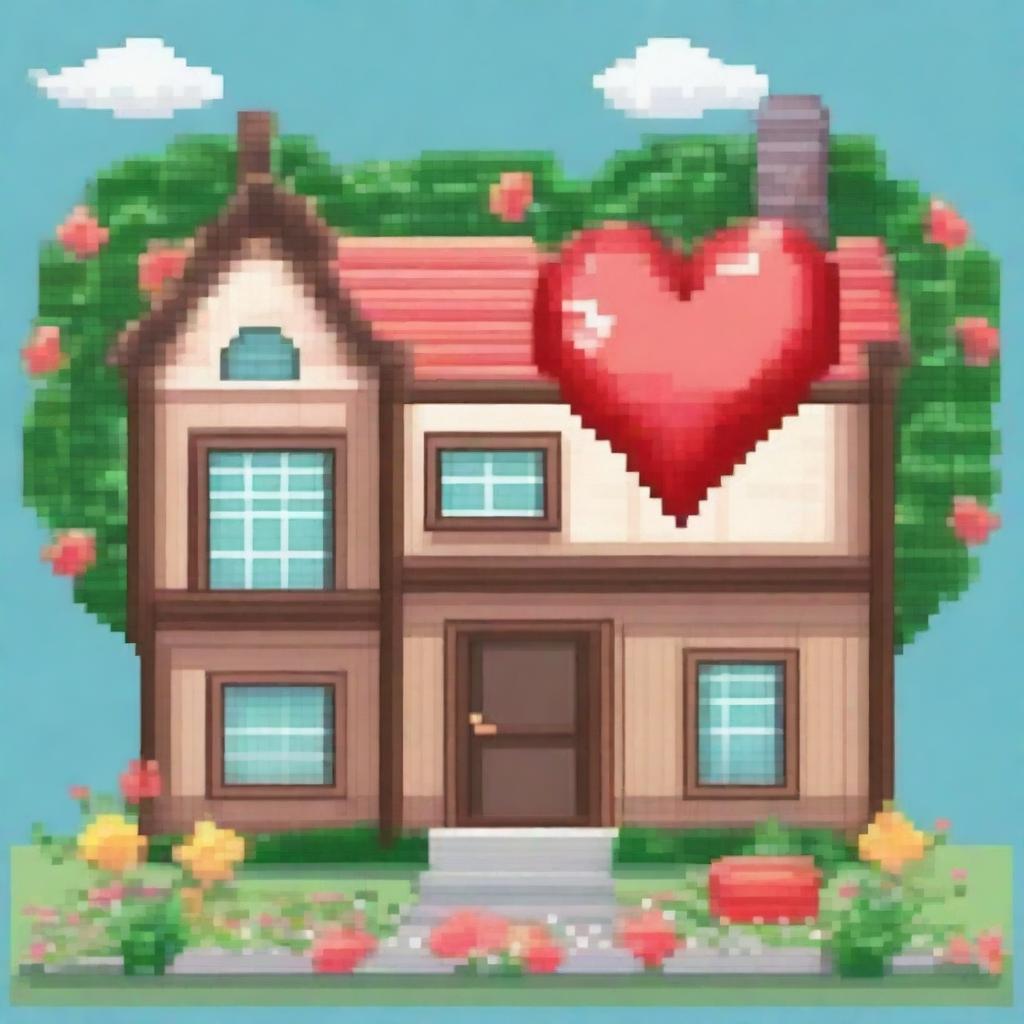 Create a pixel art image of a house shaped like a heart