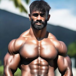 A young muscular man who is giant tall with a hairy chest