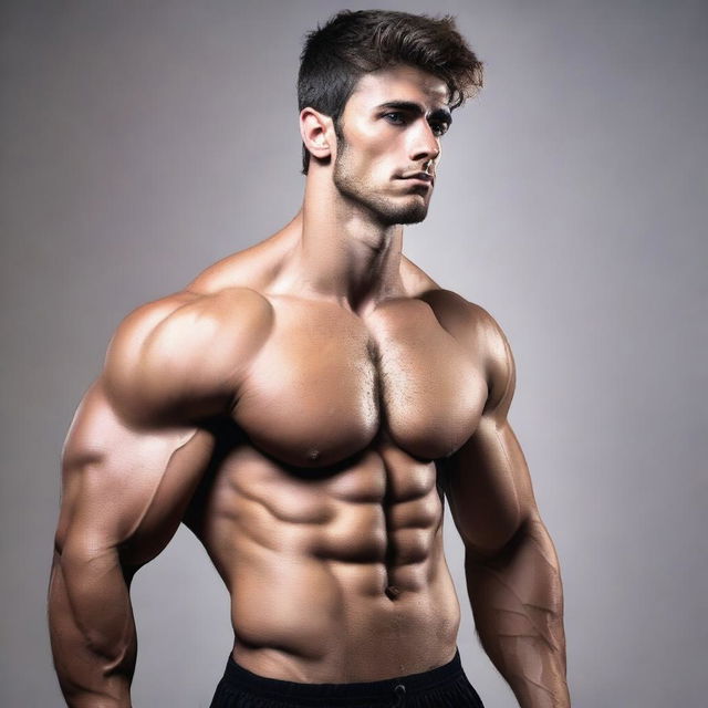 A young muscular man who is giant tall with a hairy chest