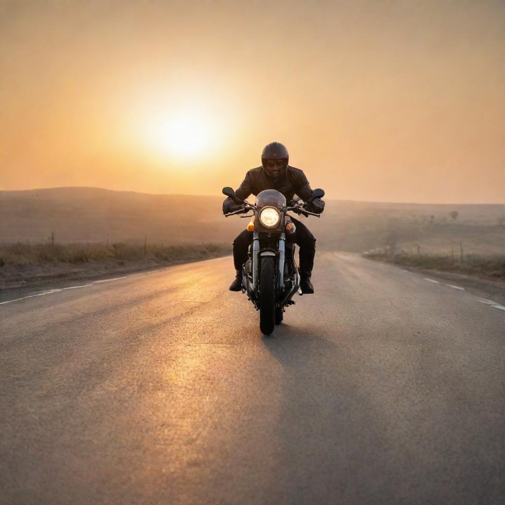 A man riding a Caferacer motorcycle on an empty road bathed in the warm glow of sunrise.