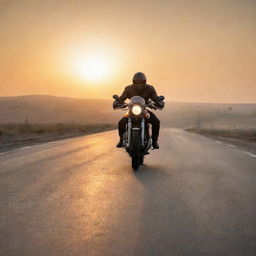 A man riding a Caferacer motorcycle on an empty road bathed in the warm glow of sunrise.