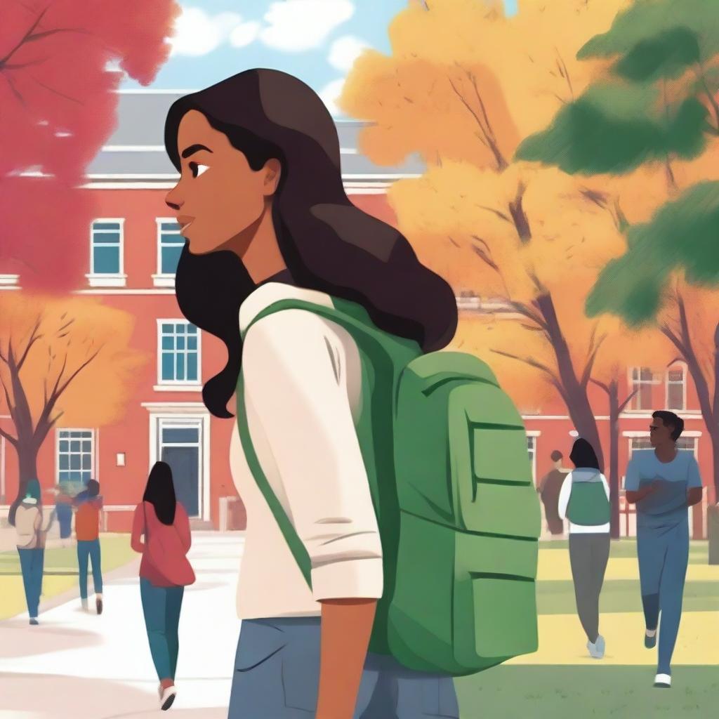 A detailed illustration of Natasha on a serene college campus