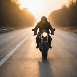 A man riding a Caferacer motorcycle on an empty road bathed in the warm glow of sunrise.