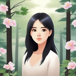 A girl with black hair standing in a serene environment