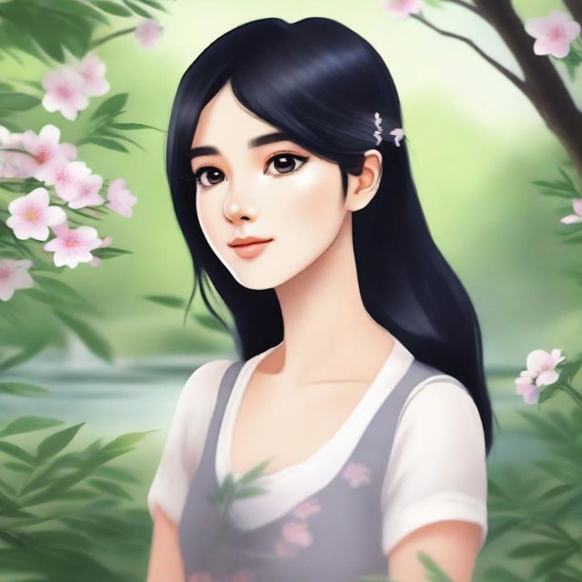 A girl with black hair standing in a serene environment