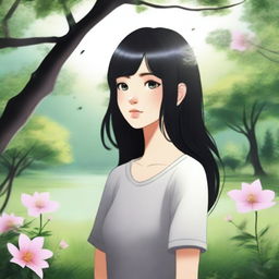 A girl with black hair standing in a serene environment