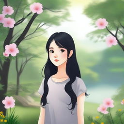 A girl with black hair standing in a serene environment