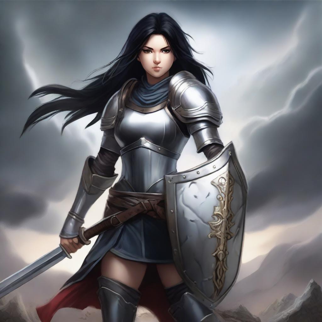 A warrior girl with black hair and grey eyes stands confidently in a battle-ready pose