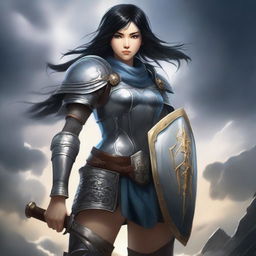 A warrior girl with black hair and grey eyes stands confidently in a battle-ready pose