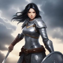 A warrior girl with black hair and grey eyes stands confidently in a battle-ready pose