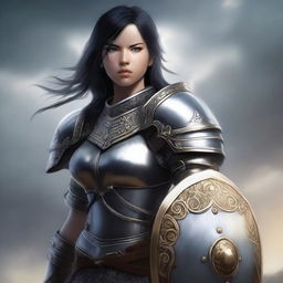 A warrior girl with black hair and grey eyes stands confidently in a battle-ready pose