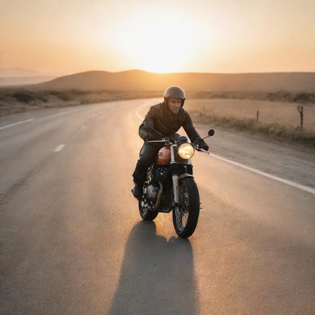 A man riding a Caferacer motorcycle on an empty road bathed in the warm glow of sunrise.