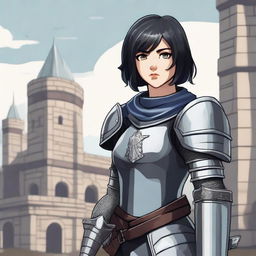 A medieval warrior girl with short black hair and grey eyes stands ready for battle