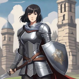 A medieval warrior girl with short black hair and grey eyes stands ready for battle