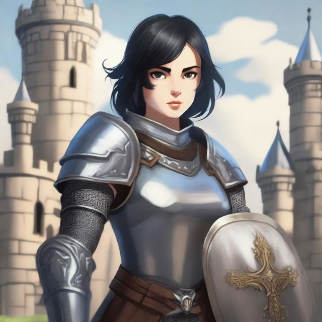 A medieval warrior girl with short black hair and grey eyes stands ready for battle