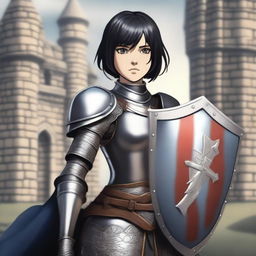 A medieval warrior girl with short black hair and grey eyes stands ready for battle