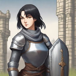 A medieval warrior girl with short black hair and grey eyes stands ready for battle