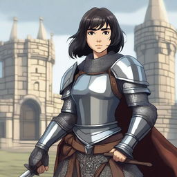 A medieval warrior girl with short black hair and grey eyes stands ready for battle