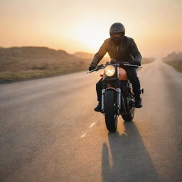 A man riding a Caferacer motorcycle on an empty road bathed in the warm glow of sunrise.