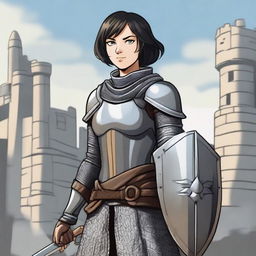 A medieval warrior girl with short black hair and grey eyes stands ready for battle