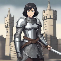 A medieval warrior girl with short black hair and grey eyes stands ready for battle