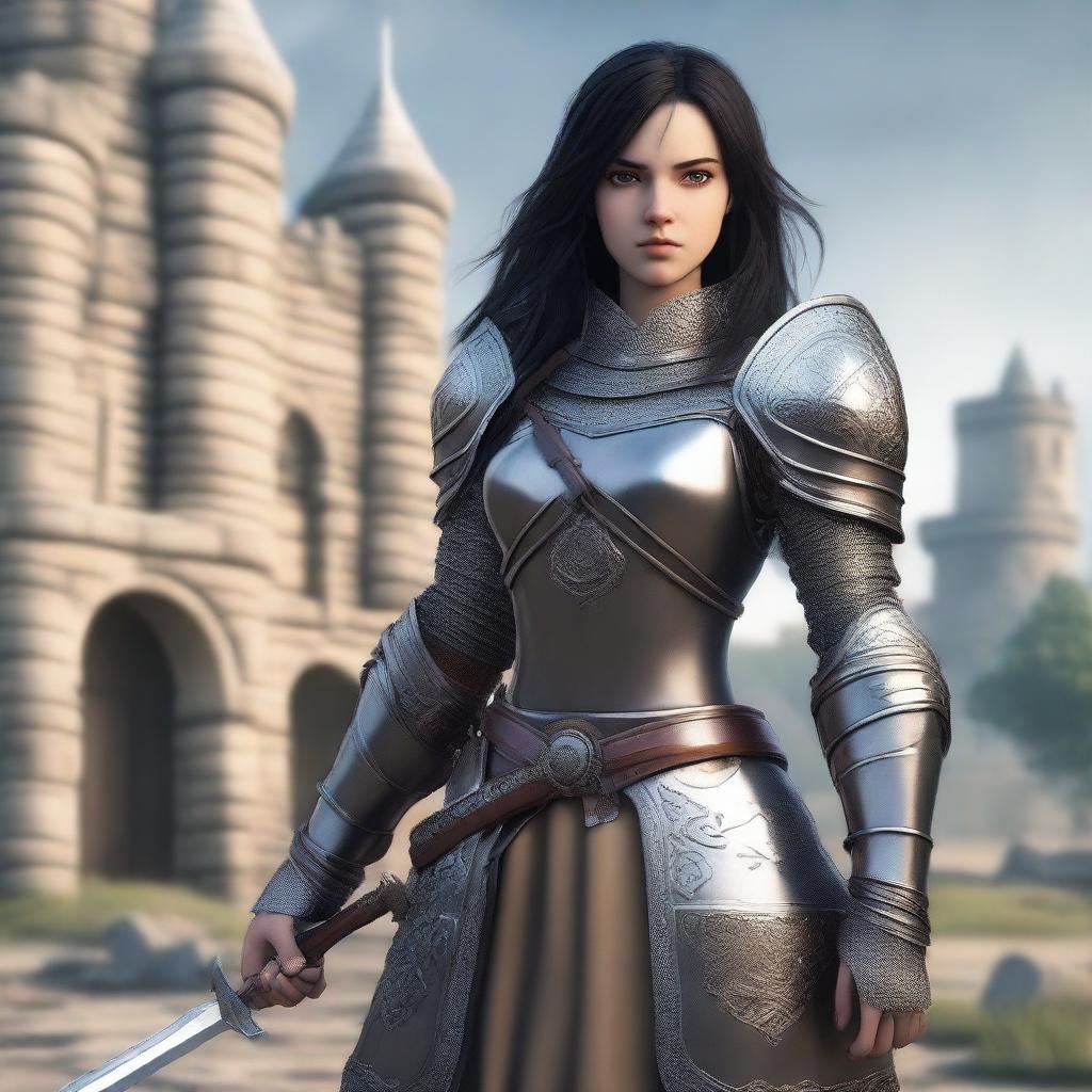 A medieval warrior girl with black hair and grey eyes stands ready for battle