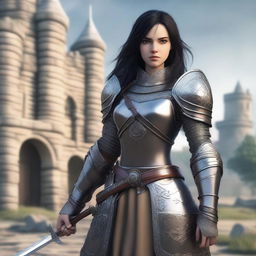 A medieval warrior girl with black hair and grey eyes stands ready for battle