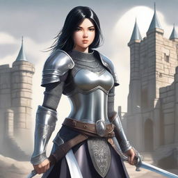 A medieval warrior girl with black hair and grey eyes stands ready for battle