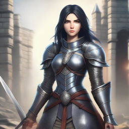 A medieval warrior girl with black hair and grey eyes stands ready for battle