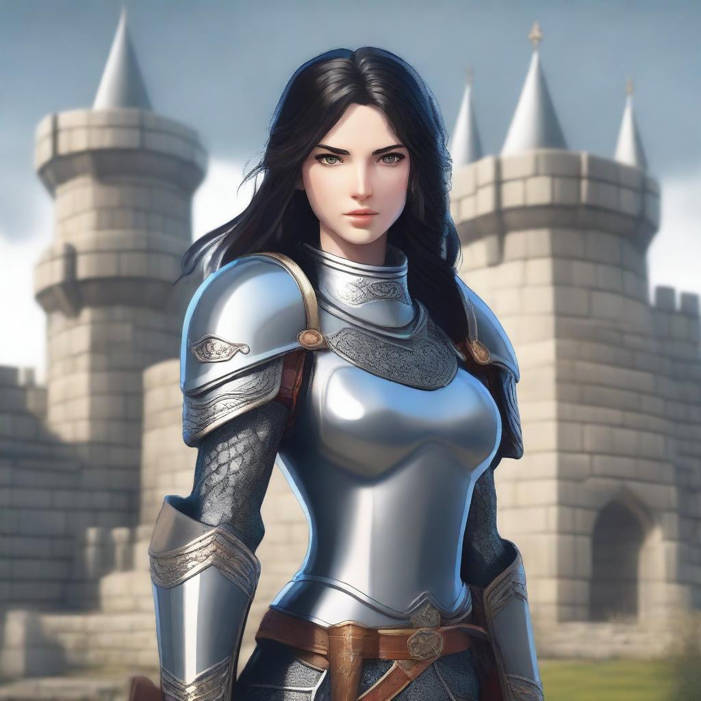 A medieval warrior girl with black hair and grey eyes stands ready for battle