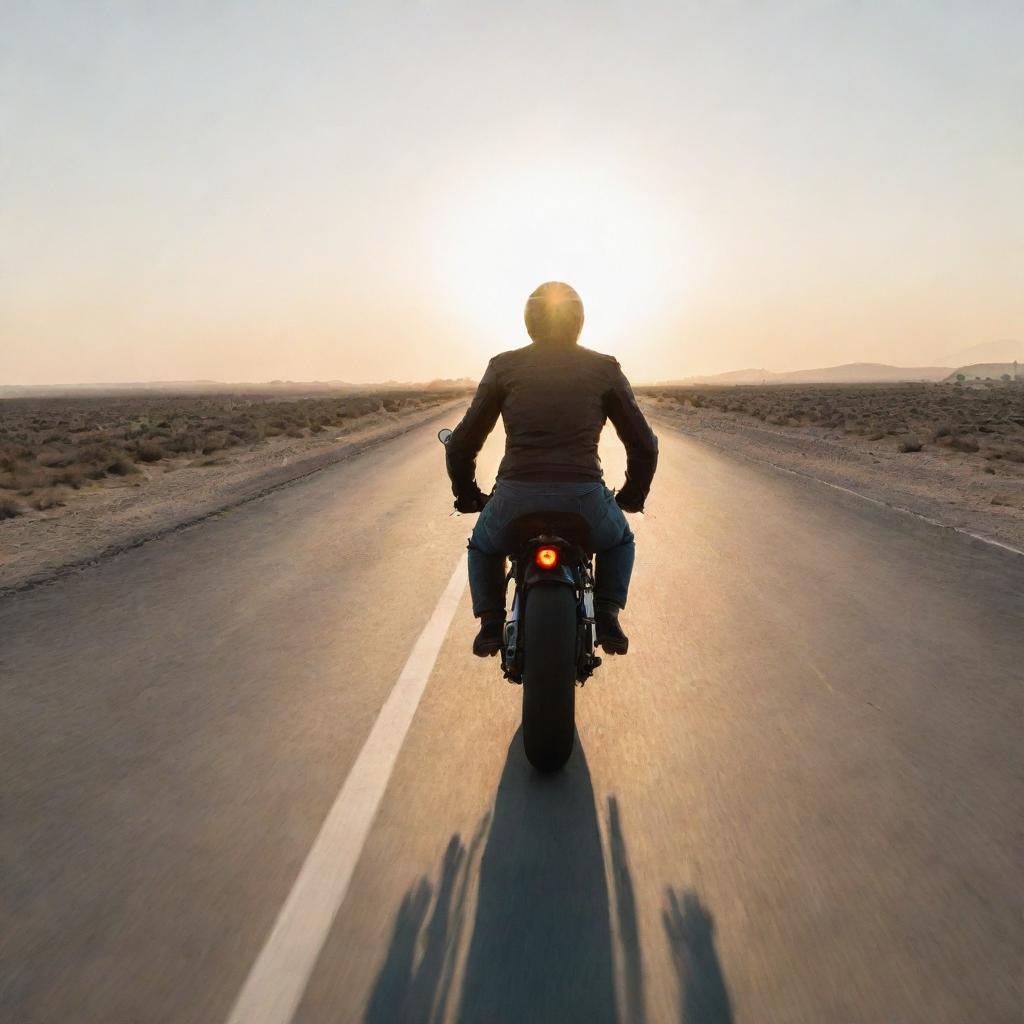 A rear view of a man riding a Caferacer motorcycle on an empty road, with the sunrise casting long shadows ahead.