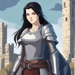 A medieval warrior girl with black hair and grey eyes stands ready for battle